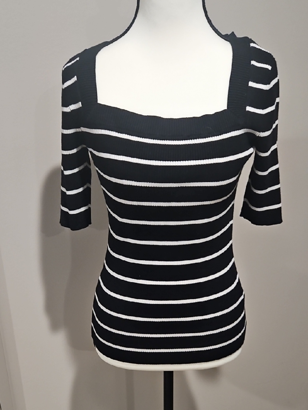 Nine West Black and White Striped Ribbed Knit Top